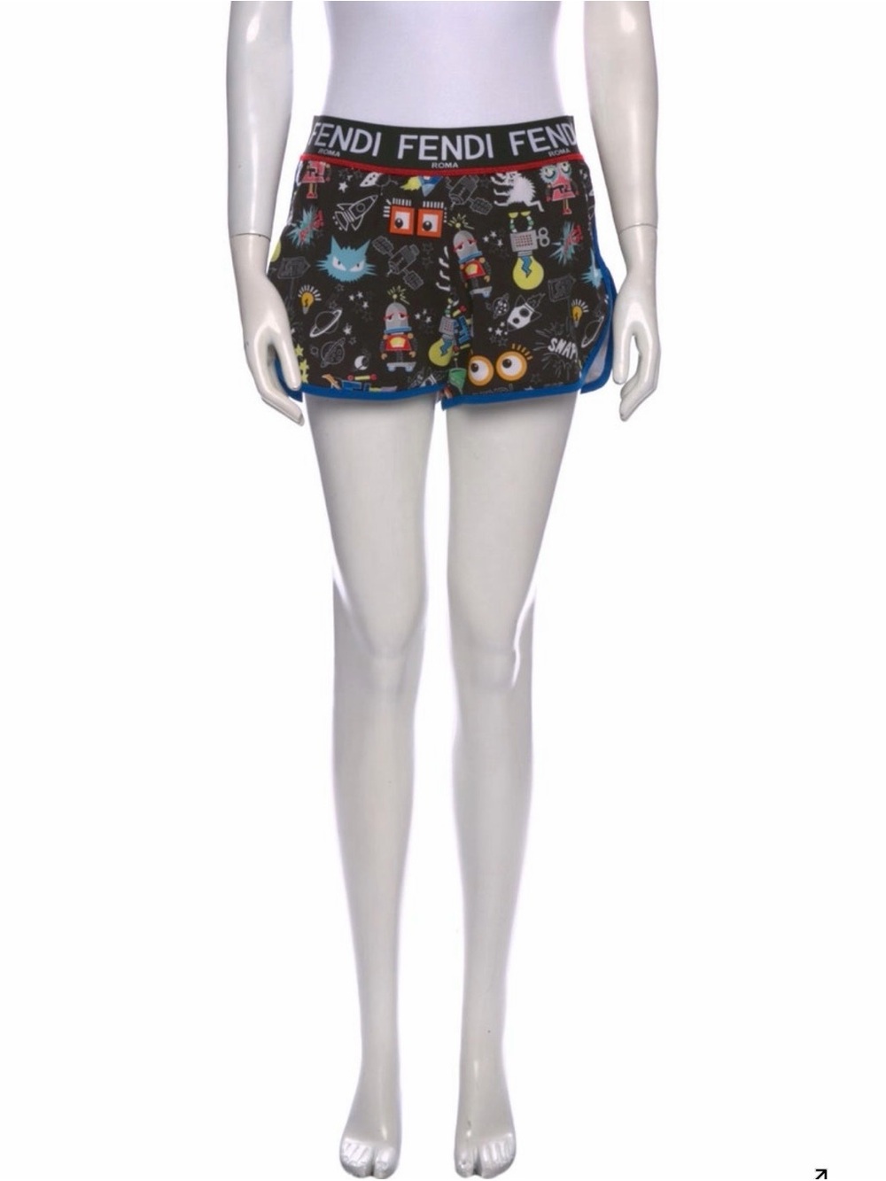 Fendi Black Multicolor Graphic Logo Elastic-Waist Shorts